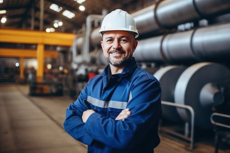 Male factory worker checks the quality of pipe connections. Gas pipeline as a means of supplying the plant with energy and heat.の素材