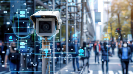 A crowd of people on the street and a facial recognition camera running it. Surveillance and information collection. Smart surveillance capturing data for urban planning.の素材