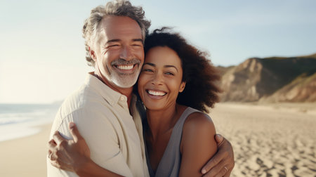 Middle-aged couple gazing into eyes sharing moment with connection enriched by countless shared experiences. Adult loving couple with love stronger over years nurtured by wonderful shared experienceの素材