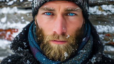 Close-up outdoor portrait of a young man wearing a woolen scarf and hat during a snowfall. The blush on the cheeks emphasizes the blue eyes and the handsome of the portrait.の素材