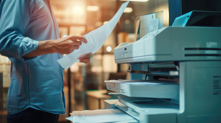 Man in office with printer. Efficient document management with the assistance of the printer.の素材