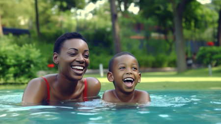 Portrait of a happy mother with her son having fun in pool. Mom and boy swims in the pool after going down the water slide in summerの素材