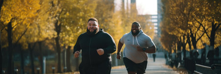 Overweight man friends doing sports together running in park with yellow foliage on trees losing weight. Active lifestyle and desire to lose excess weight. Support from friend and spend time in natureの素材