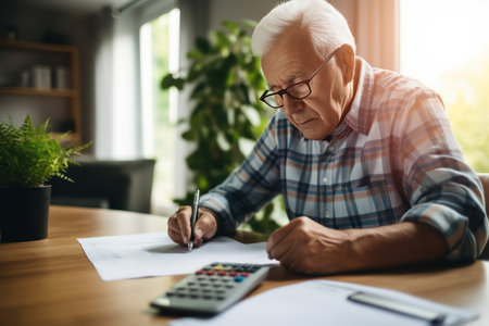Old man in glasses meticulously inspecting tiny numbers and figures revealing dedication to understanding financial situation. Pensioner sitting at desk leaning in to examine financial statements.の素材