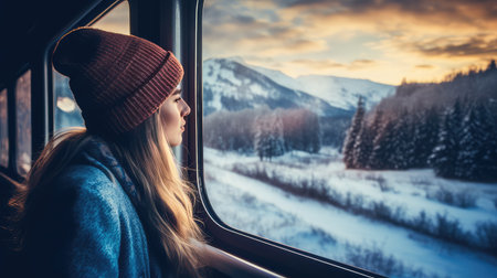 The train becomes her sanctuary as she looks out at the wintry panorama with a reflective smile.の素材