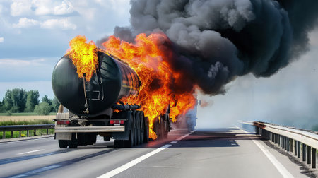 Burning tanker on the road. Threat of environmental disaster. Flames consume the road, as a tanker truck disaster wreaks havoc.の素材