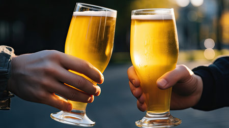 Beer glasses. Meeting friends. Hands close-up. Celebrating with friends, toasting to unforgettable memories.の素材