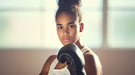 Young mixed race woman in boxing gym. Self defense workout concept. Fierce and focused, she embodies the true essence of a fighter.の素材