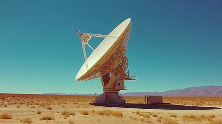 Huge radio telescope aimed directly into sky in middle of deserted desert catching signals. Unveiling the secrets of deep space.の素材