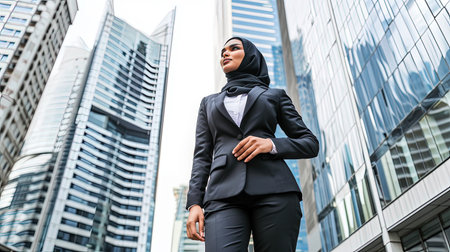 The strength and elegance of a Muslim woman in a hijab are beautifully portrayed against the backdrop of a modern European cityscape.の素材