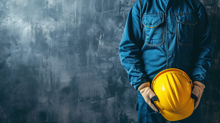 Labor Day. The worker holds a helmet in his hands. A diligent worker holds a helmet, ready to protect and ensure safety on the job. Safety first!の素材
