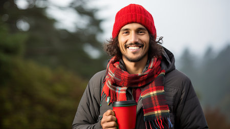 Happiness is being alone with yourself. A young Caucasian man enjoys a morning mug of coffee near his tent, alone with nature. The breath of the morning forest and the spirit of freedomの素材