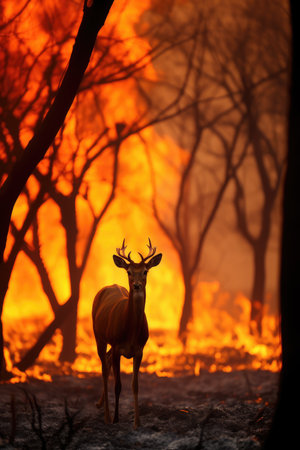 A deer amidst the inferno, a symbol of natures unwavering spirit.の素材