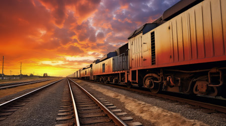 Panoramic view of a freight train. Rail freight transportation as one of the most important engines of trade and economy.の素材