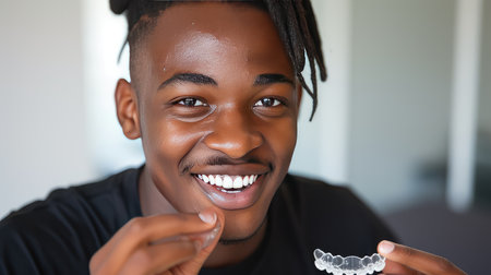 Young African American man inserting a dental aligner. Close-up view. A smile journey, guided by an orthodontic aligner.の素材