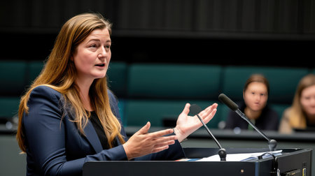 Speech in parliament. An attempt to convey your point of view, supported by arguments and active gestures. Speaker using hand gestures to make a point.の素材