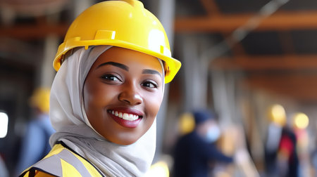 Portrait of a young African American female engineer in a modern factory workshop. Her smile is a constant reminder of the joy found in pursuing ones passion.の素材