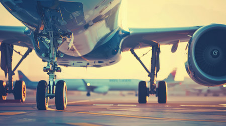 A turbine and wheels on the wing of a modern passenger aircraft. Turbine blades gleaming in sunlight, generating immense thrust, fueling flight.の素材