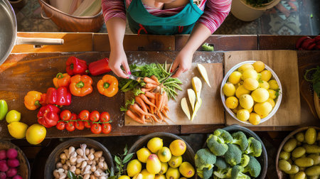 Top view of a pregnant woman cooking healthy food. The kitchen becomes a stage for her maternal culinary prowess.の素材