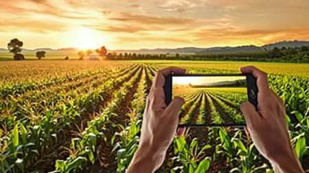 A farmer takes a photo of his harvest with a smartphone in a corn field. In the midst of natures symphony, the farmer captures the harmony of his abundant harvest.の素材