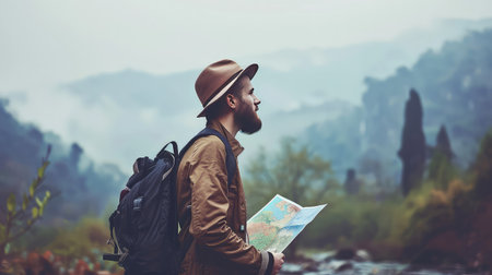 Male tourist with a backpack with a paper map in a mountains. In the heart of nature, a intrepid hiker navigates the wilderness armed with a backpack and a traditional paper map as his guide.の素材
