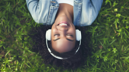 Woman listening to music lying on grass. With eyes closed, she savors the music, completely at peace on the grass.の素材