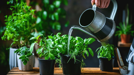 Close-up view of a human hand watering home plants. A symphony of growth unfolds in this close-up, showcasing the tender care of a hand watering home plants.の素材