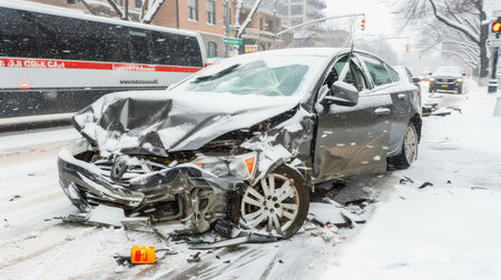 Car accident during snowstorm. Battered and crumpled, the vehicles involved in the car accident bear witness to the unforgiving nature of winter roads.の素材