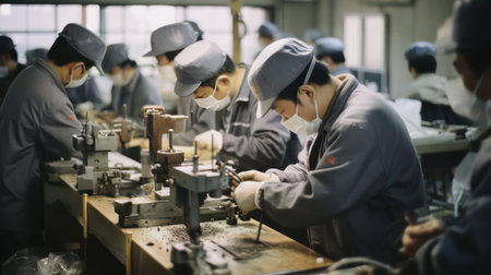 Fabric worker production line. The production line is alive with the spirit of contented workers, dedicated to their craft.の素材