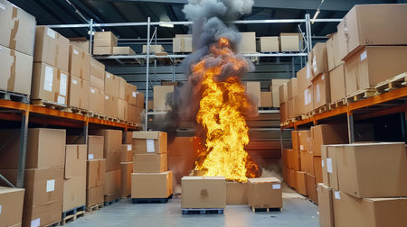 Fire in a warehouse. As the fire inside the warehouse intensifies, the raging flames reach towering heights.の素材