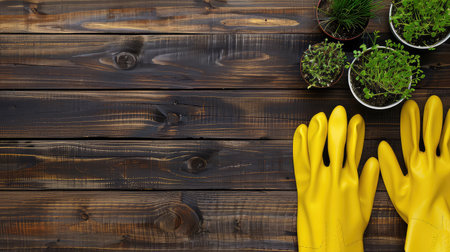Yellow gardening gloves and seedlings on an old wooden table. Tender seedlings nurtured by well-worn gardening gloves.の素材