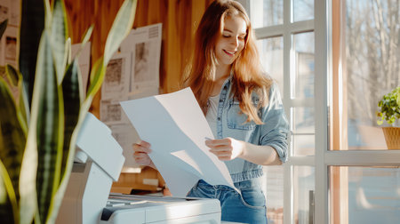 A woman handling the office printer with expertise. Woman in the office with a printer.の素材