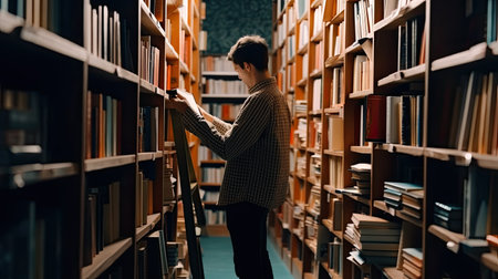 Caucasian male student in glasses reads book standing near shelves in university library. Obtaining knowledge at educational institution. Man enjoys experience of curiosity and perseveranceの素材