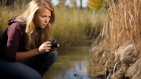 Woman naturalist studies the forest. Every tree holds a tale under her study.の素材