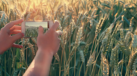 A farmer takes a photo of his harvest with a smartphone in a wheat field. A moment frozen in time, the farmer captures the beauty and abundance of his wheat harvest.の素材