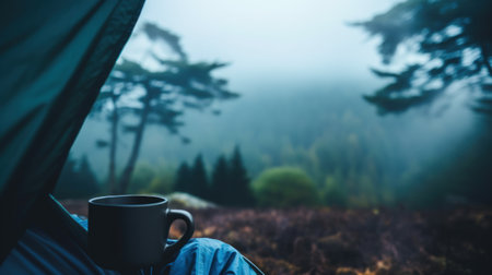View from the tent of the morning foggy forest. The freshness of the morning while waiting for coffee prepared over the fire. Atmospheric photo with a mood of solitude and tranquility.の素材