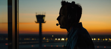 Silhouette of a skilled air traffic controller managing flights in a control tower. A skilled air traffic controller guides planes safely through the busy airspace, ensuring smooth operations.の素材