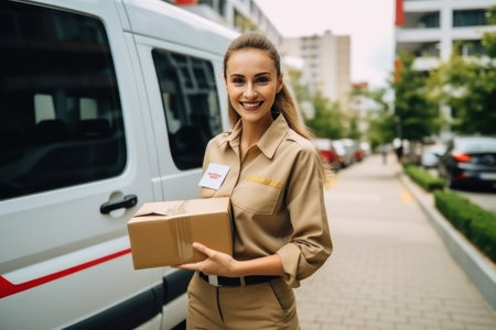 Smiling delivery woman standing with a box. Professional courier holding a package, ready to make a delivery.の素材
