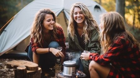 A group of brave tourists lit bonfires, enveloping the spirit of the wild. Women travelers lit the fire with a sense of adventure and camaraderie. Close friends are sitting near the tent.の素材