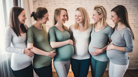 Happy pregnant women are talking together at antenatal class at the hospital. A circle of joyous expectant moms exchanging advice and laughter.の素材