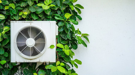 Air heat pump for cooling or heating a house on the wall of a building. Perfectly balanced: This air heat pump delivers optimal cooling and heating with precision.の素材