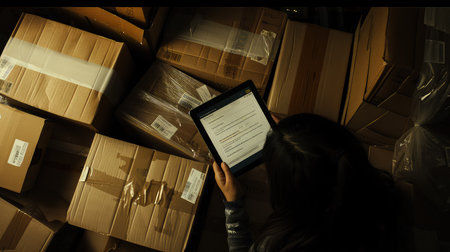 Online store sellers hands with tablet PC. In the world of online selling, time is of the essence. These hands work swiftly, using a tablet to manage a flood of eBay orders.の素材