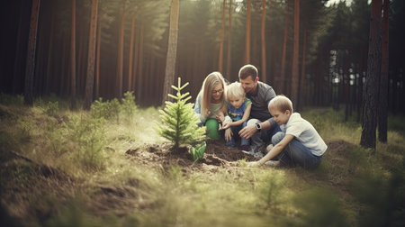 Happy family planting trees in the forest. Each tree planted is a bond strengthened.の素材