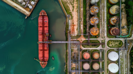 Large cargo ship docked next to an industrial oil and gas tank storage complex. Aerial view. Red cargo vessel docked next to industrial oil storage.の素材