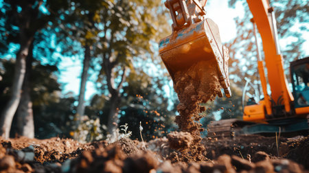 Backhoe on construction site. Tireless excavator sculpting the canvas of tomorrows infrastructure.の素材
