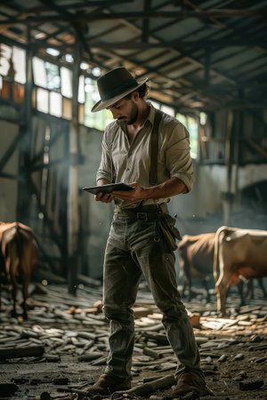 On a cow farm, male farmer effectively manages processes while holding a tablet. Calculation and analysis of milk yield and livestock growth. Managing the farm with precision.の素材