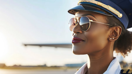 African American female pilot in uniform in sunglasses. Through her captivating gaze, this trailblazer reminds us that diversity and representation are essential in every industry.の素材
