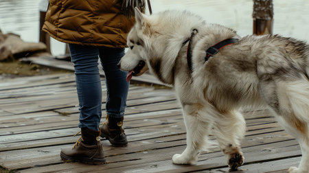 A dog walks with its owner. The love and devotion of a best friend. A loyal companion bringing sunshine to every walk they share.の素材