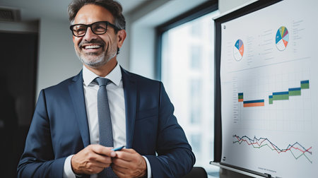 Businessman giving presentation to colleagues. Expert guidance at the flip chart session.の素材
