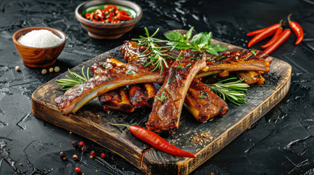 Grilled ribs on cutting board. Dive into a plate of perfectly grilled ribs, juicy and packed with mouthwatering flavors.の素材